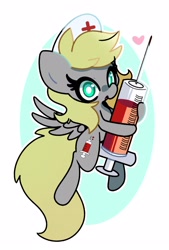 Size: 1800x2658 | Tagged: safe, artist:kindakismet, imported from derpibooru, oc, oc only, pegasus, pony, circle background, commission, giant syringe, hat, heart, looking at you, nurse hat, open mouth, simple background, solo, spread wings, syringe, white background, wings