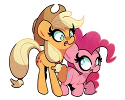 Size: 1857x1488 | Tagged: safe, artist:kindakismet, imported from derpibooru, applejack, pinkie pie, earth pony, pony, applejack's hat, cowboy hat, duo, duo female, female, hat, looking at each other, looking at someone, looking down, looking up, mare, open mouth, raised hoof, simple background, white background