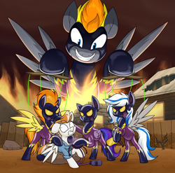 Size: 3000x2958 | Tagged: safe, artist:moonatik, imported from derpibooru, fire streak, spitfire, oc, oc:blaze (shadowbolt), oc:lady lightning strike, oc:starshine bomber, pegasus, pony, alternate timeline, clothes, commission, evil grin, fence, fire, gas, gas mask, grin, high res, hypnogear, hypnogoggles, latex, latex suit, marionette, mask, mind control, new lunar millennium, nightmare takeover timeline, puppet strings, puppeteer, rock, rubber drone, scared, shadowbolt drone, shadowbolts, shirt, shrub, smiling, spread wings, victorious villain, village, wings