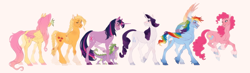 Size: 2500x733 | Tagged: safe, artist:traceofstardust, imported from derpibooru, applejack, fluttershy, pinkie pie, rainbow dash, rarity, spike, twilight sparkle, butterfly, dragon, earth pony, pegasus, pony, unicorn, alternate design, braid, braided tail, butt, butterfly on nose, coat markings, colored hooves, colored wings, female, folded wings, freckles, group, hoof fluff, insect on nose, looking at each other, looking at someone, mane six, mare, multicolored wings, one eye closed, open mouth, plot, rainbow wings, smiling, socks (coat markings), straw in mouth, tail, unicorn twilight, unshorn fetlocks, wings