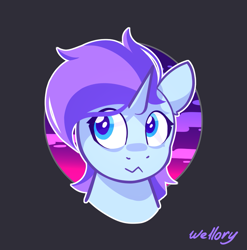 Size: 987x997 | Tagged: safe, artist:wellory, imported from derpibooru, oc, oc only, unicorn, bust, cute, female, gray background, signature, simple background, solo