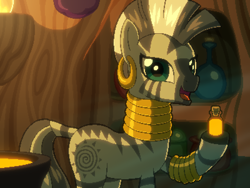 Size: 800x600 | Tagged: safe, artist:rangelost, imported from derpibooru, zecora, zebra, cyoa:d20 pony, cyoa, looking at you, offscreen character, pixel art, potion, solo, story included, zecora's hut