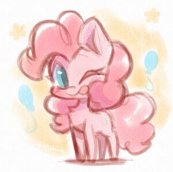 Size: 874x866 | Tagged: safe, artist:oofycolorful, imported from derpibooru, pinkie pie, earth pony, pony, balloon, chest fluff, cute, diapinkes, doodle, female, looking at you, one eye closed, ponk, simple background, solo, stars, tongue out, white background, wink, winking at you