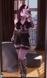 Size: 1160x1920 | Tagged: safe, artist:rinny, imported from derpibooru, izzy moonbow, anthro, unicorn, 3d, black hair, black lipstick, black nail polish, blender, boots, breasts, buckle, busty izzy moonbow, cellphone, choker, clothes, eyeshadow, female, fingerless gloves, fishnets, g4, g5, g5 to g4, generation leap, gloves, goth, goth izzy, high heel boots, knee-high boots, lipstick, makeup, miniskirt, phone, shoes, skirt, smartphone, socks, solo, stockings, thigh highs