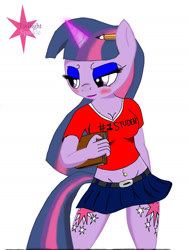 Size: 1315x1736 | Tagged: safe, artist:zachthehedgehog97-2, imported from derpibooru, twilight sparkle, anthro, unicorn, 2012, belly button, belly piercing, bellyring, book, both cutie marks, breasts, busty twilight sparkle, cleavage, clothes, eyeshadow, female, makeup, miniskirt, pencil, pencil behind ear, piercing, simple background, skirt, solo, white background