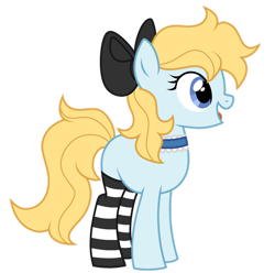Size: 1280x1268 | Tagged: safe, artist:moonert, imported from derpibooru, oc, oc only, oc:wonderland, earth pony, pony, bow, choker, clothes, earth pony oc, female, full body, hair bow, hooves, mare, open mouth, open smile, show accurate, simple background, smiling, socks, solo, standing, striped socks, tail, transparent background