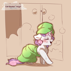 Size: 1200x1200 | Tagged: safe, artist:cold-blooded-twilight, imported from derpibooru, sweetie belle, pony, unicorn, blushing, cute, diasweetes, eyes closed, female, filly, foal, horn, open mouth, open smile, shower, signature, smiling, solo, towel, towel on head, wet