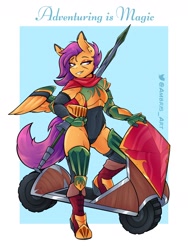 Size: 1800x2400 | Tagged: safe, artist:ambris, imported from derpibooru, scootaloo, anthro, pegasus, adventuring is magic, armor, clothes, dungeons and dragons, fantasy class, fighter, grin, helmet, high-cut clothing, leotard, lidded eyes, pen and paper rpg, rpg, scar, scooter, smiling, vehicle, weapon, wings