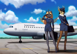 Size: 3000x2123 | Tagged: safe, artist:mrscroup, imported from derpibooru, oc, oc only, oc:recina, anthro, changeling, deer, unguligrade anthro, airbus, airbus a319, airbus a320, airport, deer oc, flight attendant, non-pony oc, pilot, plane, taxiway, yellow changeling