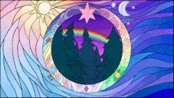 Size: 640x360 | Tagged: safe, artist:rumista, imported from derpibooru, alicorn, earth pony, pegasus, pony, unicorn, animated, commission, flying, forest, gif, rainbow, solo, stained glass, your character here