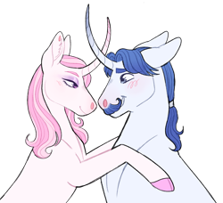 Size: 1280x1167 | Tagged: safe, artist:s0ftserve, imported from derpibooru, fancypants, fleur-de-lis, pony, unicorn, blushing, curved horn, fancyfleur, female, horn, male, mare, shipping, simple background, stallion, straight, transparent background