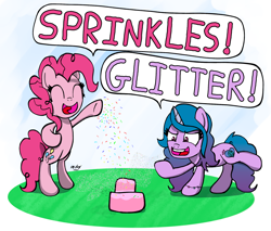 Size: 1900x1620 | Tagged: safe, artist:ebbysharp, imported from derpibooru, izzy moonbow, pinkie pie, earth pony, pony, unicorn, atg 2022, bipedal, bracelet, cake, dialogue, duo, duo female, edible glitter, eyes closed, female, food, friendship bracelet, g4, g5, glitter, horn, jewelry, mare, newbie artist training grounds, open mouth, open smile, signature, smiling, speech bubble, sprinkles, standing on two hooves