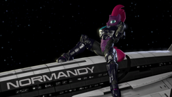 Size: 1280x720 | Tagged: safe, artist:fuzeamateursfm, imported from derpibooru, tempest shadow, anthro, unicorn, 3d, arm behind head, female, halo (series), looking at you, mass effect, mjölnir, normandy sr-2, pinup, sitting, smiling, solo, source filmmaker, space, spread legs, spreading