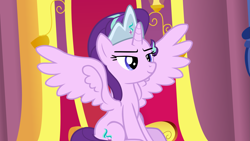 Size: 4049x2282 | Tagged: safe, artist:mlpmvguy, derpibooru exclusive, imported from derpibooru, starlight glimmer, alicorn, pony, alicornified, crown, high res, jewelry, link in description, race swap, regalia, smug, solo, spread wings, starlicorn, throne, throne room, vector, wings, xk-class end-of-the-world scenario, youtube link, youtube link in the description
