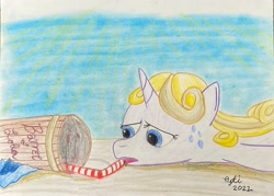Size: 3832x2747 | Tagged: safe, imported from derpibooru, oc, oc only, oc:guiding light, pony, unicorn, beach, drinking straw, exhausted, soda, sweat, sweatdrops, traditional art