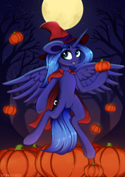 Size: 2631x3721 | Tagged: safe, artist:stravy_vox, imported from derpibooru, princess luna, alicorn, pony, bipedal, cape, clothes, halloween, hat, high res, holiday, moon, night, pumpkin, solo, tree, witch hat