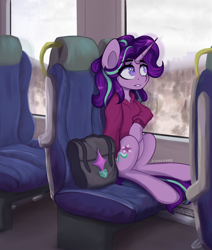 Size: 2540x3000 | Tagged: safe, artist:stravy_vox, imported from derpibooru, starlight glimmer, pony, unicorn, bag, clothes, complex background, eye clipping through hair, eyebrows, eyebrows visible through hair, female, high res, hoodie, mare, saddle bag, sitting, solo, train