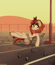 Size: 3000x3500 | Tagged: safe, artist:stravy_vox, imported from derpibooru, autumn blaze, kirin, autumn leaves, cloven hooves, eyebrows, eyebrows visible through hair, eyelashes, female, fence, high res, horn, leaf, leaves, mare, parking lot, shopping cart, solo, tail