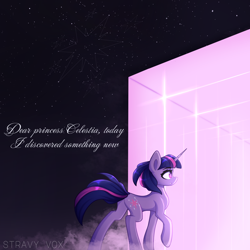 Size: 3000x3000 | Tagged: safe, artist:stravy_vox, imported from derpibooru, twilight sparkle, pony, unicorn, butt, dear princess celestia, female, high res, mare, plot, scenery, solo, stars, unicorn twilight