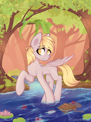 Size: 3000x4000 | Tagged: safe, artist:stravy_vox, imported from derpibooru, derpy hooves, pegasus, pony, bag, female, forest, frown, high res, i just don't know what went wrong, letter, lilypad, mailbag, mare, river, solo, water