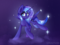 Size: 4000x3000 | Tagged: safe, artist:stravy_vox, imported from derpibooru, princess luna, alicorn, pony, cloud, frown, high res, s1 luna, solo, sparkles