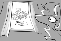 Size: 3321x2250 | Tagged: safe, artist:tjpones, imported from derpibooru, princess celestia, twilight sparkle, alicorn, pony, unicorn, black and white, drapes, female, filly, filly twilight sparkle, foal, grayscale, high res, mare, monochrome, multeity, protest, sign, sparkle sparkle sparkle, twiggie, window, younger