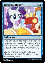 Size: 375x523 | Tagged: safe, edit, imported from derpibooru, screencap, rarity, father knows beast, carousel boutique, ccg, implied tax evasion, magic the gathering, sewing, sewing machine, trading card, trading card edit