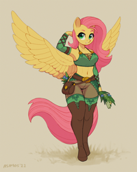 Size: 1600x2000 | Tagged: safe, artist:asimos, imported from derpibooru, fluttershy, anthro, pegasus, unguligrade anthro, adventurer, arm behind head, arm warmers, bag, belly button, belt, boots, breasts, busty fluttershy, cleavage, clothes, female, herbalist, hoof boots, legs, midriff, plant, sexy, shoes, short shirt, socks, solo, spread wings, thigh boots, thigh gap, thigh highs, thighs, underass, wide hips, wings