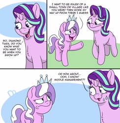 Size: 2736x2802 | Tagged: safe, artist:doodledonutart, imported from derpibooru, diamond tiara, starlight glimmer, earth pony, pony, unicorn, :/, :s, atg 2022, comic, newbie artist training grounds, open mouth, open smile, smiling, sweat, sweatdrops, wavy mouth