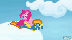 Size: 640x360 | Tagged: safe, imported from derpibooru, screencap, pinkie pie, spitfire, earth pony, pegasus, pony, season 7, secrets and pies, animated, clothes, duo, female, flying, gif, gifs.com, mare, nose in the air, open mouth, pinkie pie riding spitfire, ponies riding ponies, riding, spread wings, tree, uniform, wings, wonderbolts uniform