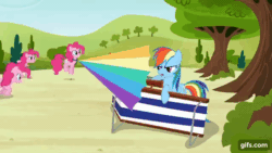 Size: 640x360 | Tagged: safe, imported from derpibooru, screencap, pinkie pie, rainbow dash, earth pony, pegasus, pony, season 3, too many pinkie pies, ^^, animated, beach chair, bipedal, chair, cute, diapinkes, eyes closed, female, gif, gifs.com, mare, multeity, open mouth, open smile, smiling, too much pink energy is dangerous, tree, umbrella