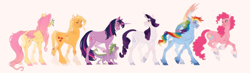 Size: 2500x733 | Tagged: safe, artist:traceofhappiness, imported from twibooru, applejack, fluttershy, pinkie pie, rainbow dash, rarity, spike, twilight sparkle, butterfly, dragon, earth pony, insect, pegasus, pony, unicorn, alternate design, alternate hairstyle, blushing, braid, butterfly on nose, colored hooves, colored wings, female, freckles, group, image, insect on nose, line-up, male, mane six, mare, missing accessory, missing hat, multicolored wings, png, rainbow wings, simple background, smiling, socks (coat marking), straw in mouth, unicorn twilight, unshorn fetlocks, wings