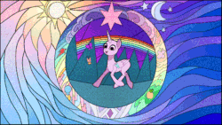 Size: 640x360 | Tagged: safe, artist:rumista, imported from derpibooru, alicorn, butterfly, earth pony, pegasus, pony, unicorn, animated, commission, gif, rainbow, solo, stained glass, your character here