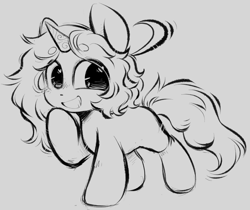 Size: 885x745 | Tagged: safe, artist:frigidmare, artist:torridline, imported from derpibooru, oc, oc:shyflame, pony, unicorn, chibi, curly hair, doodle, ears up, fluffy, fluffy mane, fluffy tail, grin, happy, horn, long hair, male, monochrome, sketch, smiling, solo, stallion, tail, unicorn oc