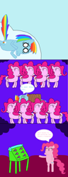 Size: 1518x3948 | Tagged: safe, artist:penelopehamuchan, imported from derpibooru, pinkie pie, rainbow dash, earth pony, pegasus, pony, big snooze, bipedal, clone, comic, eyes closed, female, looney tunes, mare, multeity, pinkie clone, too much pink energy is dangerous