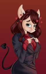 Size: 1884x2994 | Tagged: safe, artist:qbellas, imported from derpibooru, oc, oc only, anthro, anthro oc, clothes, crossover, devil tail, female, floating heart, heart, helltaker, smiling, smirk, solo, tail