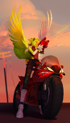 Size: 4000x7000 | Tagged: safe, artist:yanisfucker, imported from derpibooru, oc, oc only, oc:forrest wind, anthro, pegasus, unguligrade anthro, absurd resolution, amputee, breasts, clothes, coat markings, eyes closed, helmet, large wings, motorcycle, motorcycle helmet, pants, prosthetic limb, prosthetics, ripped pants, socks (coat markings), solo, spiked wristband, spread wings, telephone pole, torn clothes, wings, wristband