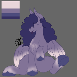 Size: 1000x1000 | Tagged: safe, artist:voxtra, imported from derpibooru, oc, oc only, unnamed oc, pegasus, pony, female, gray background, mare, missing cutie mark, no eyes, partially open wings, pegasus oc, purple hair, random pony, signature, simple background, sitting, solo, wings