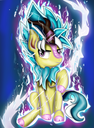 Size: 1023x1400 | Tagged: safe, artist:seki_98, imported from derpibooru, oc, oc only, oc:creamyogurt, kirin, aura, crossover, dragon ball, energy, eyebrows, eyebrows visible through hair, glowing mane, kirin oc, simple background, sitting, smiling, smirk, solo, super saiyan blue