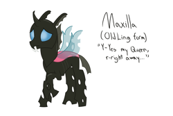 Size: 1500x1000 | Tagged: safe, artist:mightyshockwave, imported from derpibooru, oc, oc only, oc:maxilla, changeling, changeling oc, concerned, frown, insect wings, pink changeling, raised hoof, simple background, solo, spread wings, white background, wings