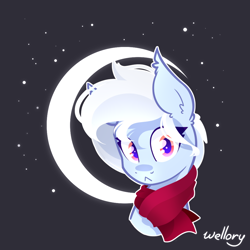 Size: 1000x1000 | Tagged: safe, artist:wellory, imported from derpibooru, oc, oc only, bat pony, black background, bust, clothes, commission, cute, female, scarf, signature, simple background, solo