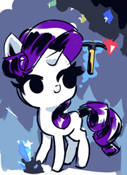 Size: 720x988 | Tagged: safe, artist:creamyogurt, imported from derpibooru, rarity, unicorn, chibi, crystal, diamond, gem, gem cave, gemstones, levitation, magic, missing cutie mark, pickaxe, solo, sparkles, telekinesis