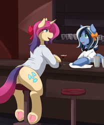 Size: 2500x3000 | Tagged: safe, artist:cainesart, imported from derpibooru, oc, oc only, oc:frozen fractal, oc:queen fylifa, pegasus, pony, unicorn, bar, barstool, bartender, butt, clothes, disguise, disguised changeling, drink, female, lab coat, mare, plot, underhoof