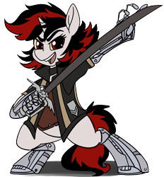 Size: 2632x2840 | Tagged: safe, artist:brainiac, imported from derpibooru, oc, oc only, oc:blackjack, cyborg, pony, unicorn, fallout equestria, fallout equestria: project horizons, amputee, cybernetic legs, fanfic art, female, mare, simple background, solo, transparent background