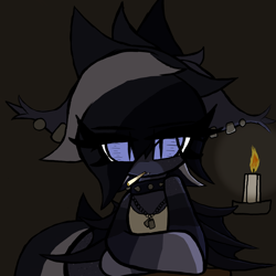 Size: 2000x2000 | Tagged: safe, artist:ponersarecute, imported from derpibooru, oc, oc only, bat pony, bat pony oc, bat wings, candle, candlelight, cigarette, clothes, dog tags, ear piercing, ears back, leaning on table, piercing, shirt, undershirt, wings