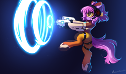 Size: 2281x1340 | Tagged: safe, alternate version, artist:airiniblock, imported from derpibooru, oc, oc only, oc:lillybit, earth pony, semi-anthro, butt, clothes, commission, cosplay, costume, female, flower, flower blossom, gun, handgun, overwatch, pistol, plot, rcf community, solo, tracer, tracer (overwatch), weapon