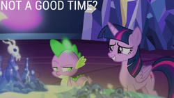 Size: 1280x720 | Tagged: safe, edit, edited screencap, editor:quoterific, imported from derpibooru, screencap, spike, twilight sparkle, alicorn, dragon, pony, season 7, triple threat, cutie map, duo, female, grin, male, mare, smiling, spike is not amused, text, twilight sparkle (alicorn), twilight's castle, unamused