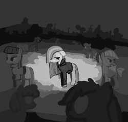 Size: 2199x2092 | Tagged: safe, artist:mandumustbasukanemen, imported from derpibooru, limestone pie, marble pie, maud pie, earth pony, pony, atg 2022, clothes, female, grayscale, hoodie, mare, monochrome, newbie artist training grounds, sad