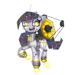 Size: 2800x2840 | Tagged: safe, artist:opal_radiance, imported from derpibooru, oc, oc only, pony, robot, robot pony, commission, james webb space telescope, open mouth, open smile, ponified, rule 85, science fiction, simple background, smiling, solo, telescope, transparent background