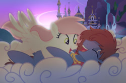 Size: 1280x852 | Tagged: safe, artist:c1trine, artist:sugar morning, imported from derpibooru, oc, oc only, oc:bizarre song, oc:sugar morning, pony, base used, canterlot castle, cloud, couple, cuddling, cute, eyes closed, female, g4, glomp, male, mare, oc x oc, open mouth, open smile, shipping, smiling, stallion, straight, sugarre